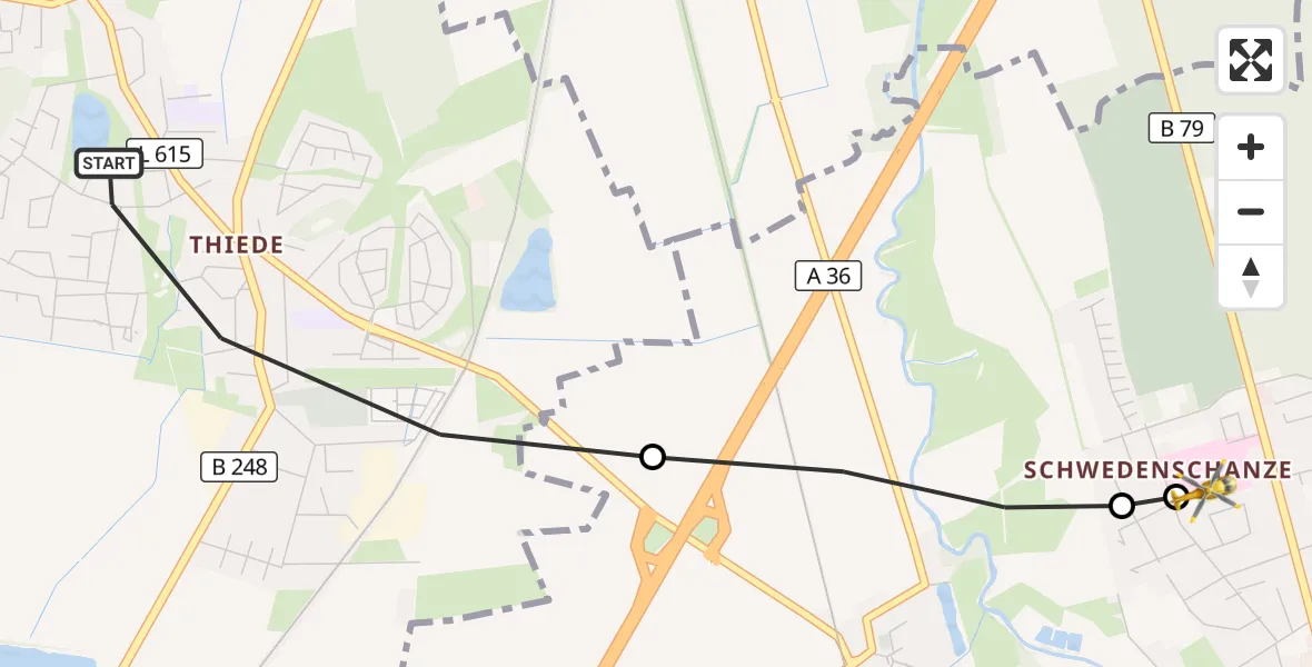 Flugroute Rettungshubschrauber Salzgitter - Wolfenbüttel Municipal Hospital Heliport (Christoph 30), 21 April 2026, 08:23