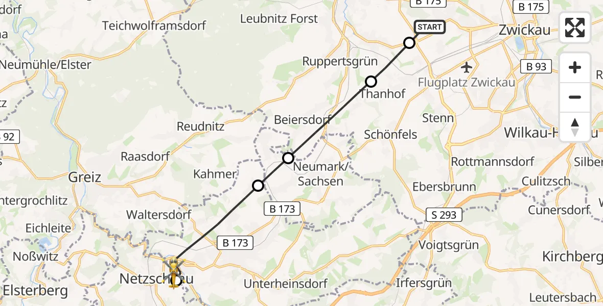 Flugroute Rettungshubschrauber ADAC Air Rescue Station Zwickau Hubschrauberlandeplatz - Netzschkau, 21 April 2026, 08:30