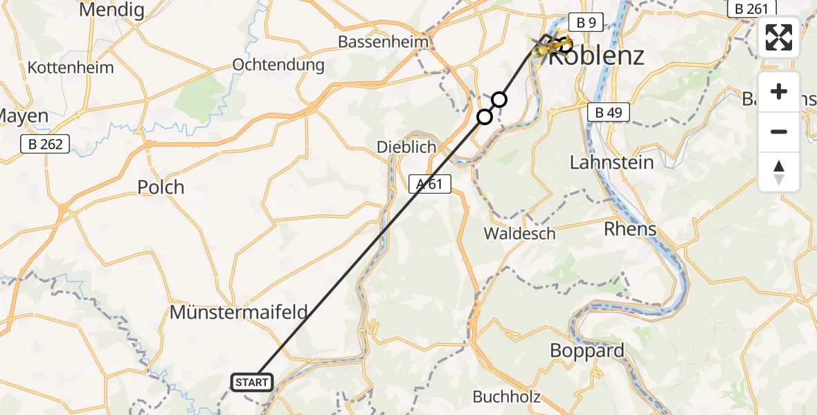 Flugroute Ambulanzhubschrauber Münstermaifeld - Kemperhof Koblenz Klinikum Hubschrauberlandeplatz, 21 April 2026, 08:32