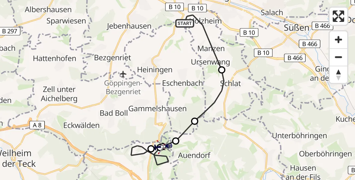 Flugroute Polizeihubschrauber Göppingen - Gruibingen-Nortel Flugplatz, 21 April 2026, 08:38