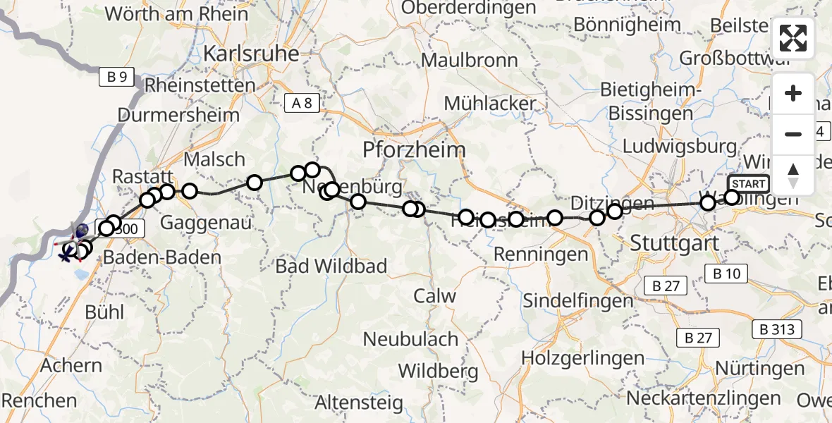 Flugroute Polizeihubschrauber Waiblingen - Karlsruhe Baden-Baden Flughafen, 21 April 2026, 08:38