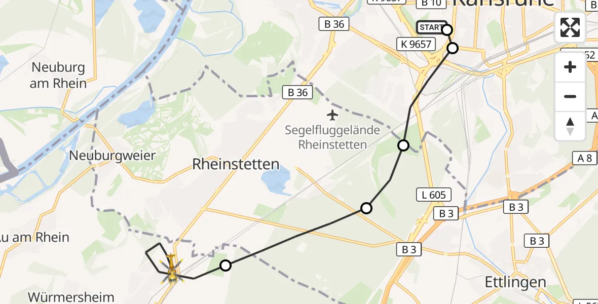 Flugroute Rettungshubschrauber Sankt Vincentius Hospital - Durmersheim, 21 April 2026, 08:39