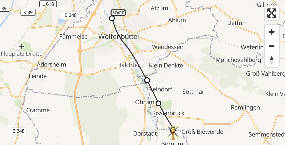 Flugroute Rettungshubschrauber Wolfenbüttel Municipal Hospital Heliport (Christoph 30) - Börßum, 21 April 2026, 08:44