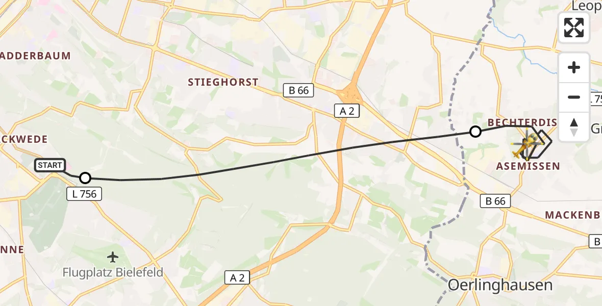 Flugroute Rettungshubschrauber Luftrettungszentrum Bielefeld - Leopoldshöhe, 21 April 2026, 08:47