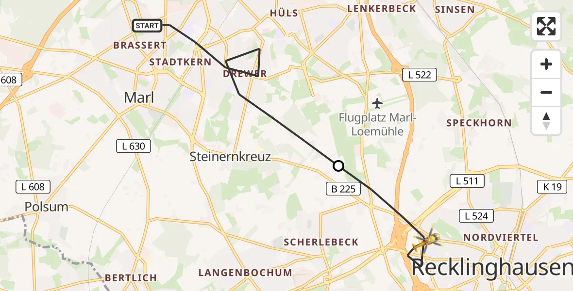 Flugroute Rettungshubschrauber Marl - Recklinghausen, 21 April 2026, 08:49