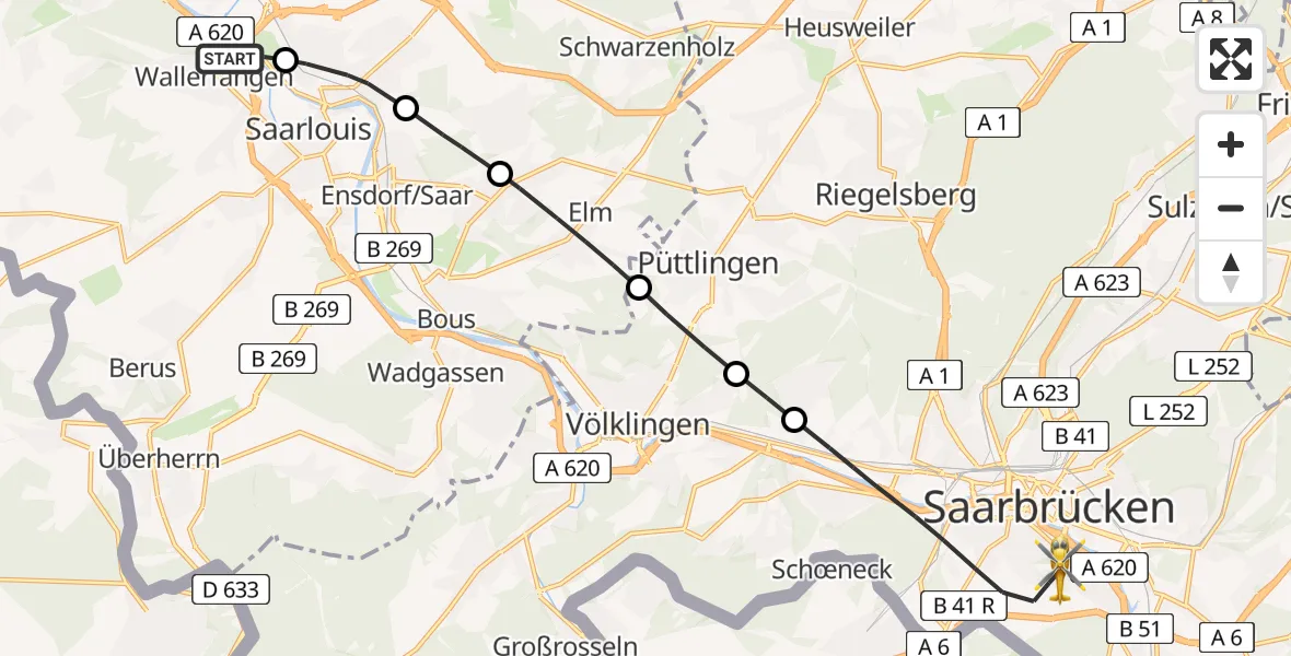 Flugroute Rettungshubschrauber Wallerfangen - Saarbrücken, 21 April 2026, 08:57