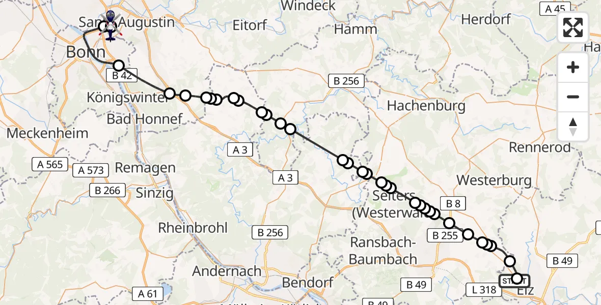 Flugroute Polizeihubschrauber Limburg-Elz Flugplatz - Sankt Augustin, 21 April 2026, 08:59