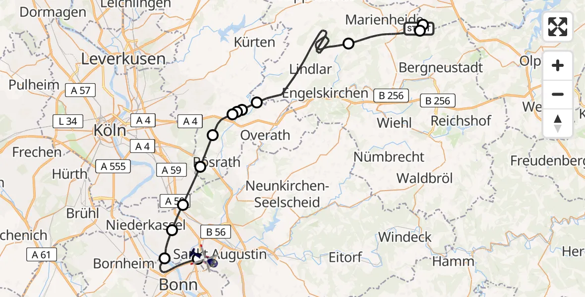 Flugroute Polizeihubschrauber Marienheide - Sankt Augustin, 21 April 2026, 09:00