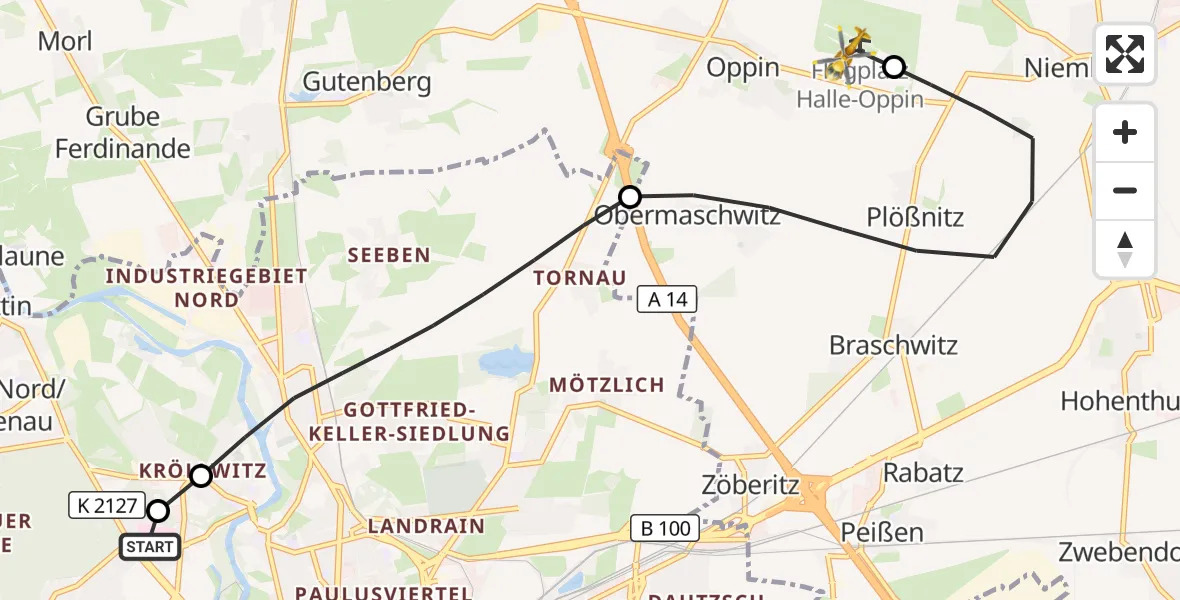 Flugroute Rettungshubschrauber Halle (Saale) University Hospital - Halle-Oppin Flugplatz, 21 April 2026, 09:01