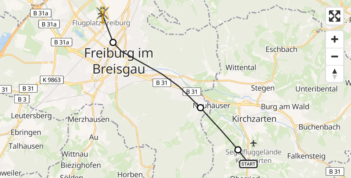 Flugroute Rettungshubschrauber Oberried - Freiburg im Breisgau Flugplatz, 21 April 2026, 09:07