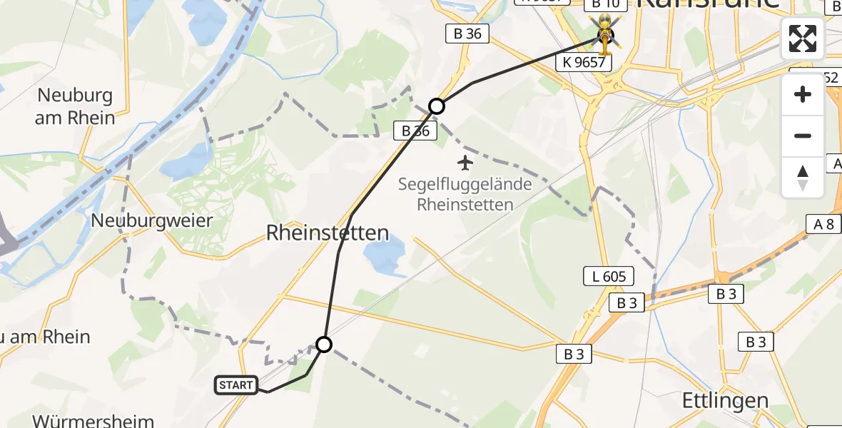 Flugroute Rettungshubschrauber Durmersheim - Sankt Vincentius Hospital, 21 April 2026, 09:08