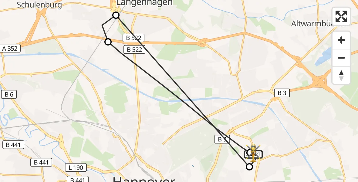 Flugroute Rettungshubschrauber Hannover Luftrettung Hubschrauberlandeplatz (Christoph 4) - Hannover Luftrettung Hubschrauberlandeplatz (Christoph 4), 21 April 2026, 09:08