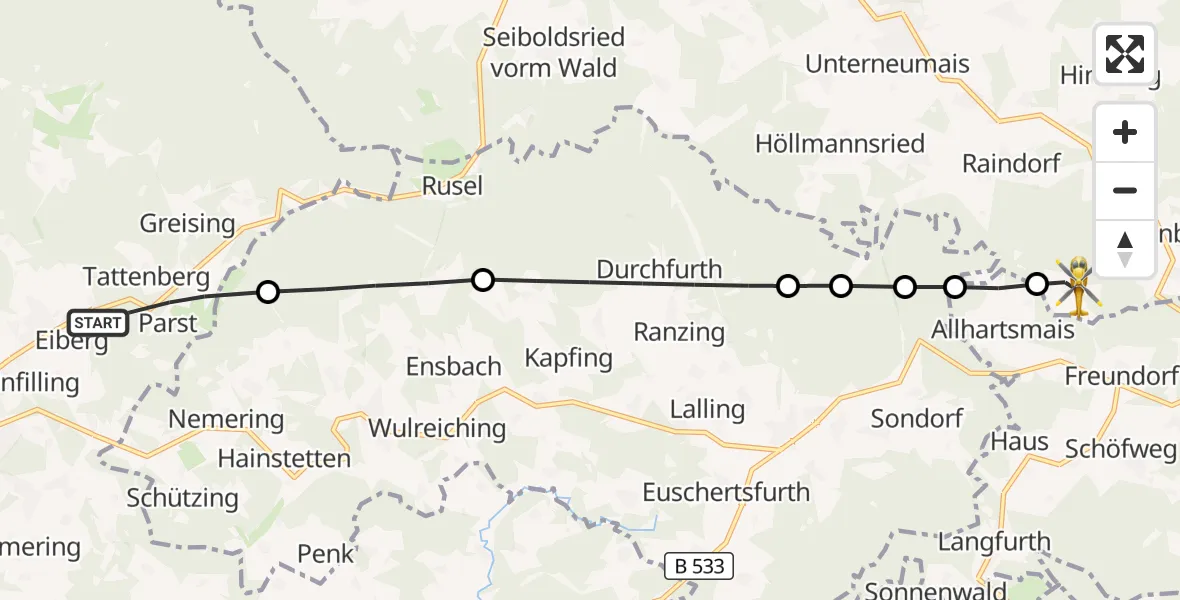 Flugroute Rettungshubschrauber Deggendorf - Kirchberg i.Wald, 21 April 2026, 09:13