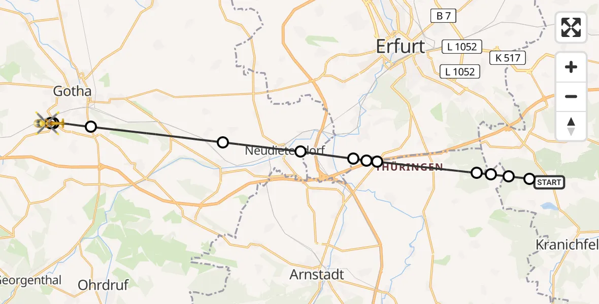 Flugroute Ambulanzhubschrauber Nauendorf - Helios Clinic Gotha, 21 April 2026, 09:13
