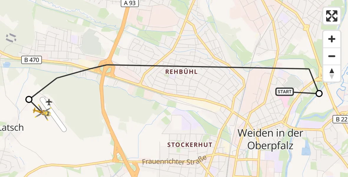 Flugroute Rettungshubschrauber Weiden Hospital - Weiden in der Oberpfalz Flugplatz, 21 April 2026, 09:19