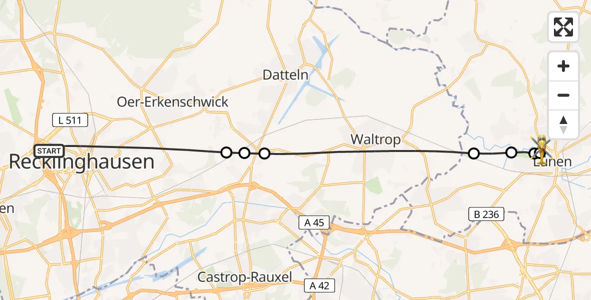 Flugroute Rettungshubschrauber Recklinghausen - Sankt Marien Hospital, 21 April 2026, 09:21