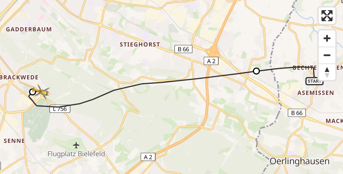 Flugroute Rettungshubschrauber Leopoldshöhe - Luftrettungszentrum Bielefeld, 21 April 2026, 09:22
