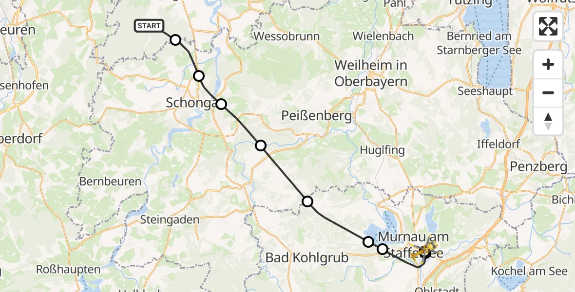 Flugroute Rettungshubschrauber Denklingen - Murnau Accident Hospital, 21 April 2026, 09:30