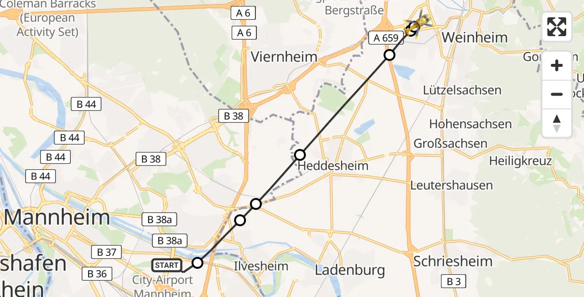 Flugroute Rettungshubschrauber Mannheim-City Flughafen - Weinheim Hospital, 21 April 2026, 09:33