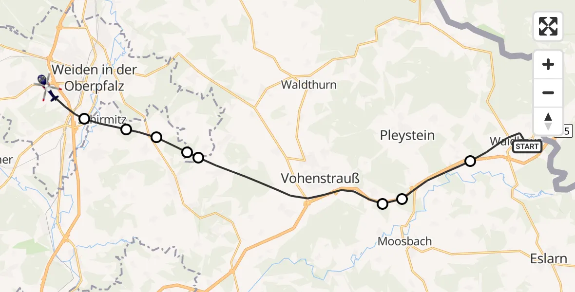 Flugroute Polizeihubschrauber Waidhaus - Weiden i.d.OPf., 21 April 2026, 09:46