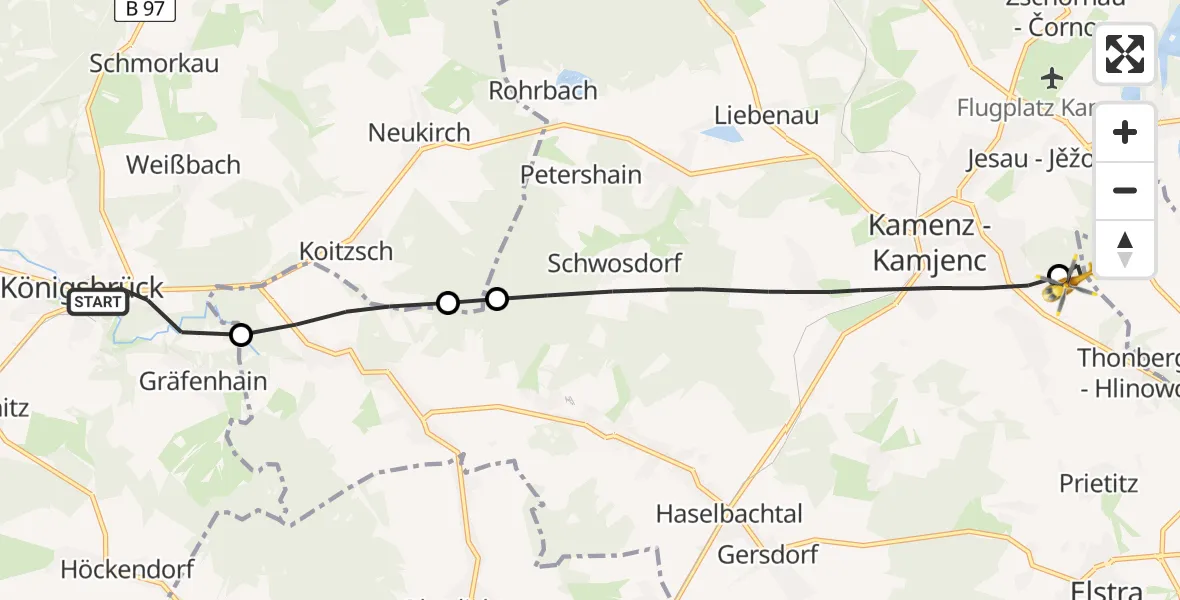 Flugroute Rettungshubschrauber Königsbrück - Kamenz Hubschrauberlandeplatz, 21 April 2026, 09:47