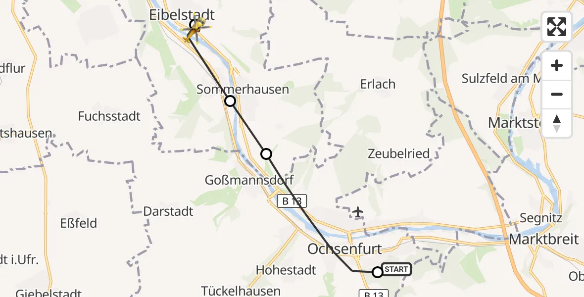 Flugroute Rettungshubschrauber Ochsenfurt Hospital - Eibelstadt, 21 April 2026, 09:50