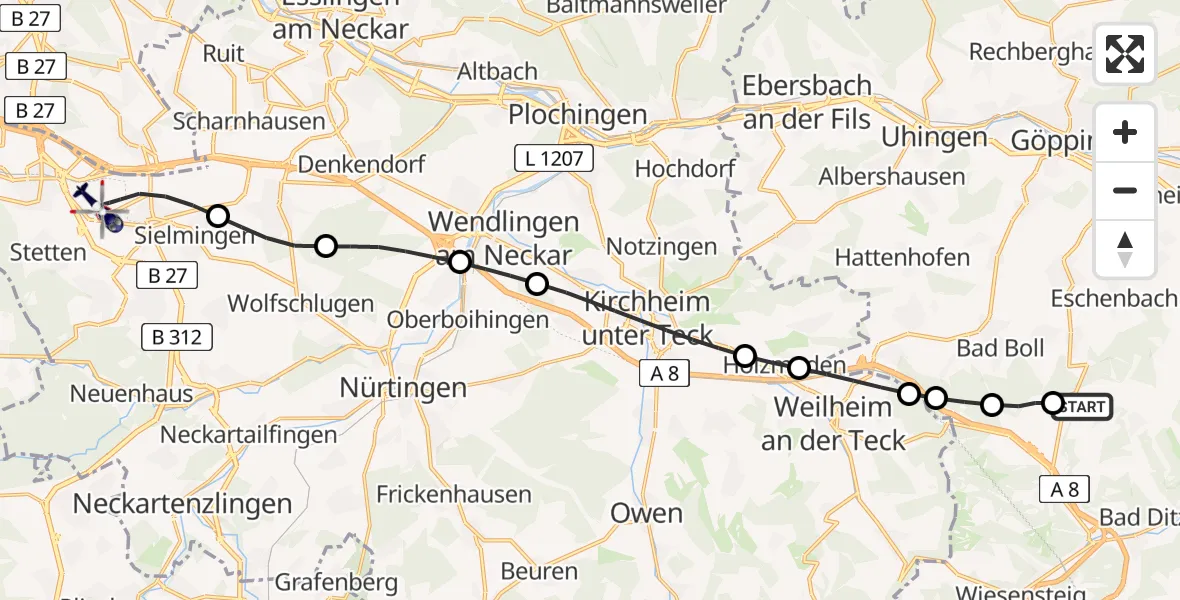 Flugroute Polizeihubschrauber Gruibingen-Nortel Flugplatz - Flughafen Stuttgart, 21 April 2026, 09:51