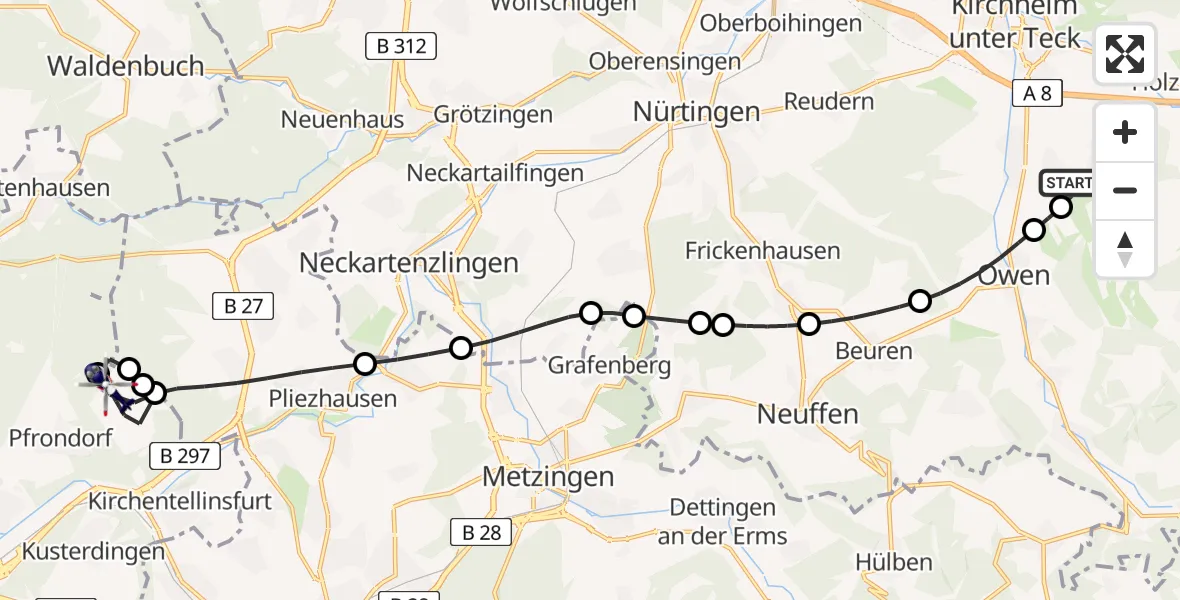 Flugroute Polizeihubschrauber Teck Gleitflugfeld - Kirchentellinsfurt, 21 April 2026, 09:53