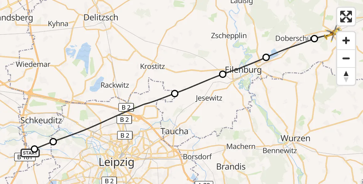 Flugroute Rettungshubschrauber ADAC Air Rescue Station Leipzig/Schkeuditz-Dölzig Hubschrauberlandeplatz (Christoph 61) - Mockrehna, 21 April 2026, 09:55