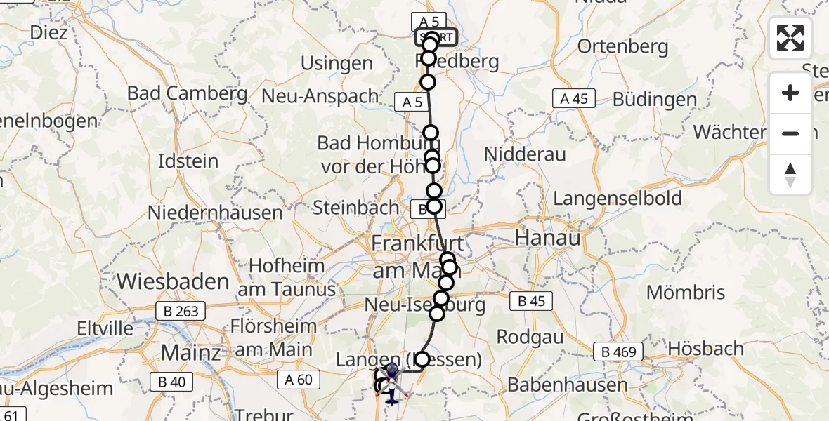 Flugroute Polizeihubschrauber Bad Nauheim - Flughafen Frankfurt-Egelsbach, 21 April 2026, 09:56