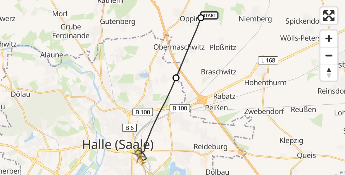 Flugroute Ambulanzhubschrauber Halle-Oppin Flugplatz - Halle (Saale), 21 April 2026, 09:57