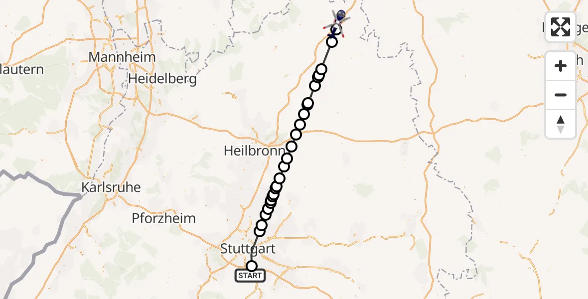 Flugroute Polizeihubschrauber Flughafen Stuttgart - Tauberbischofsheim, 21 April 2026, 10:01