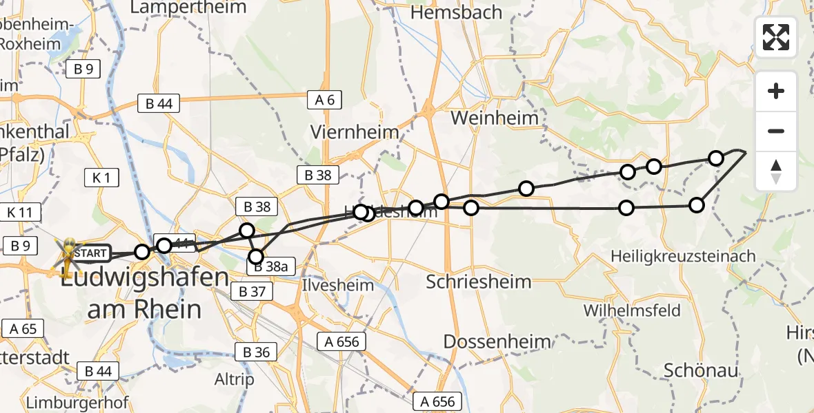 Flugroute Rettungshubschrauber Ludwigshafen am Rhein - Ludwigshafen Accident Hospital, 21 April 2026, 10:06