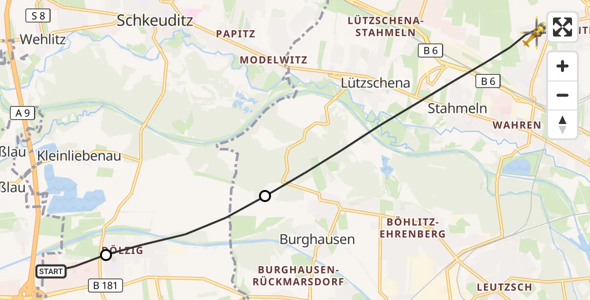 Flugroute Rettungshubschrauber ADAC Air Rescue Station Leipzig/Schkeuditz-Dölzig Hubschrauberlandeplatz (Christoph 61) - Leipzig, 21 April 2026, 10:10