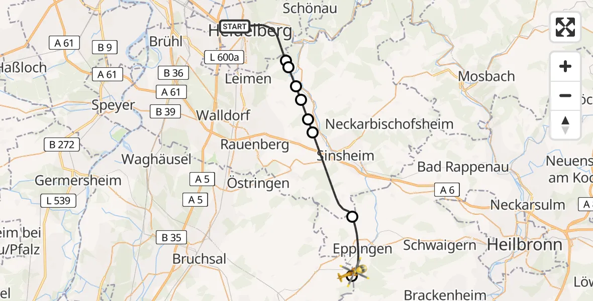 Flugroute Rettungshubschrauber Heidelberg - Sulzfeld, 21 April 2026, 10:15