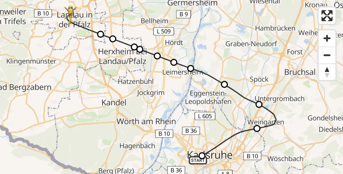 Flugroute Rettungshubschrauber Sankt Vincentius Hospital - Landau in der Pfalz, 21 April 2026, 10:20