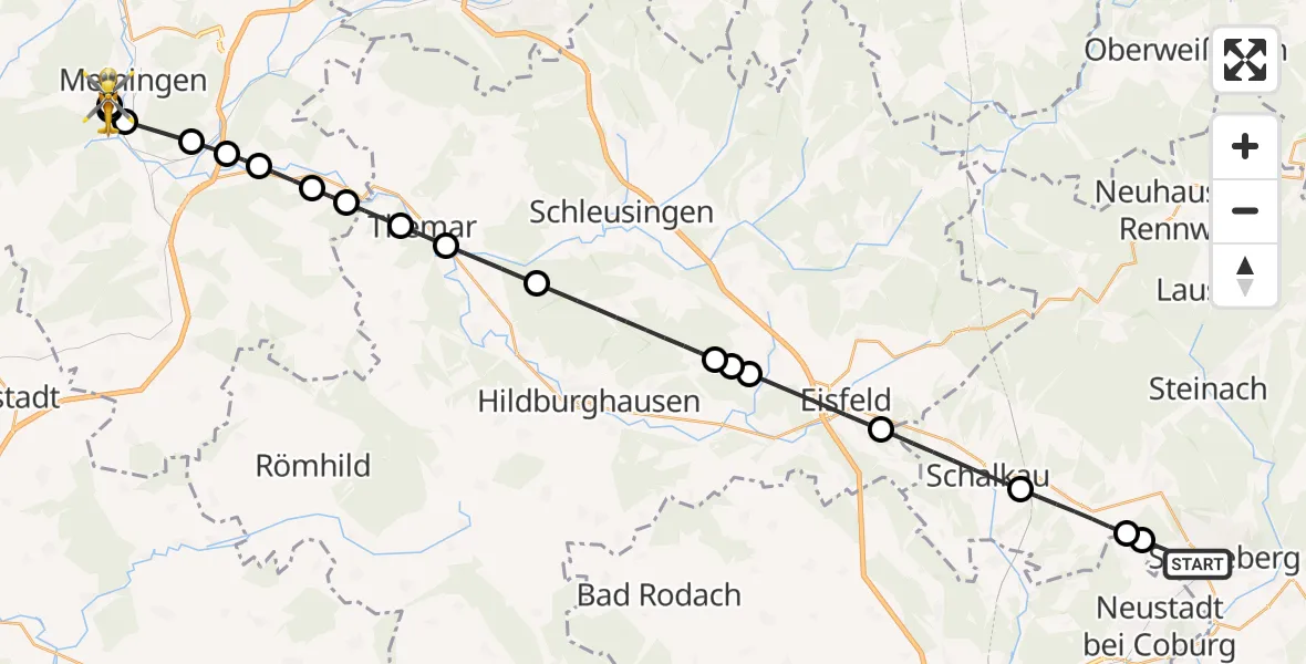Flugroute Rettungshubschrauber Sonneberg - Helios Clinic Meiningen, 21 April 2026, 10:22