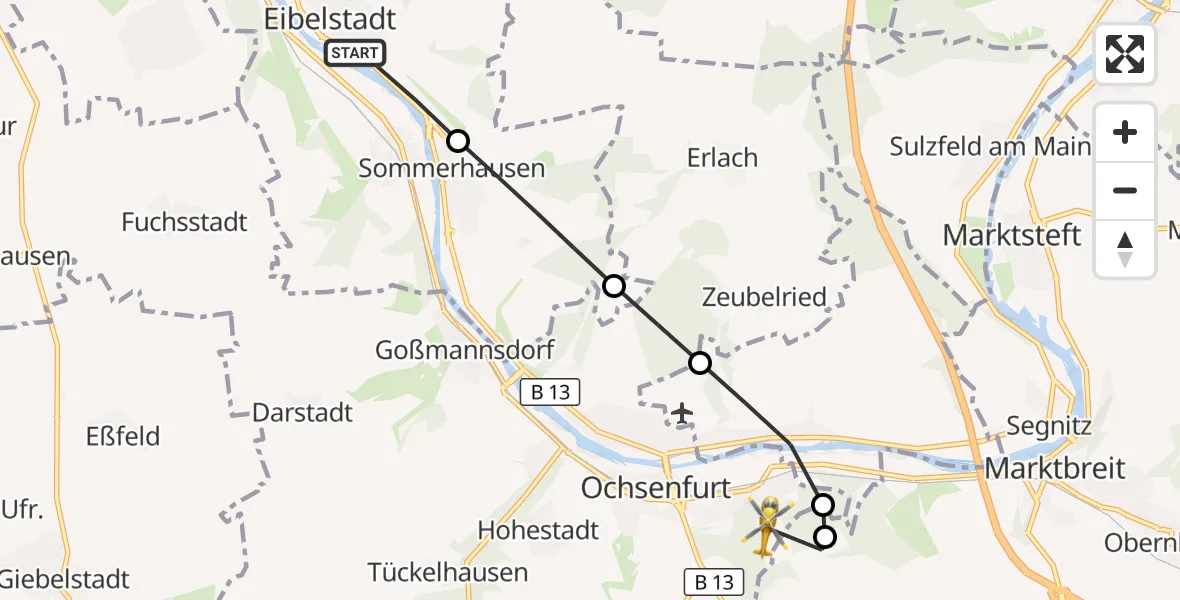 Flugroute Rettungshubschrauber Eibelstadt - Ochsenfurt Hospital, 21 April 2026, 10:22