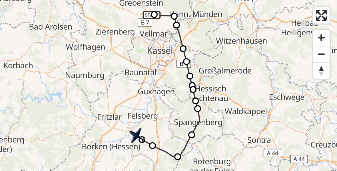Flugroute Polizeiflugzeug Grebenstein - Wabern, 21 April 2026, 10:25