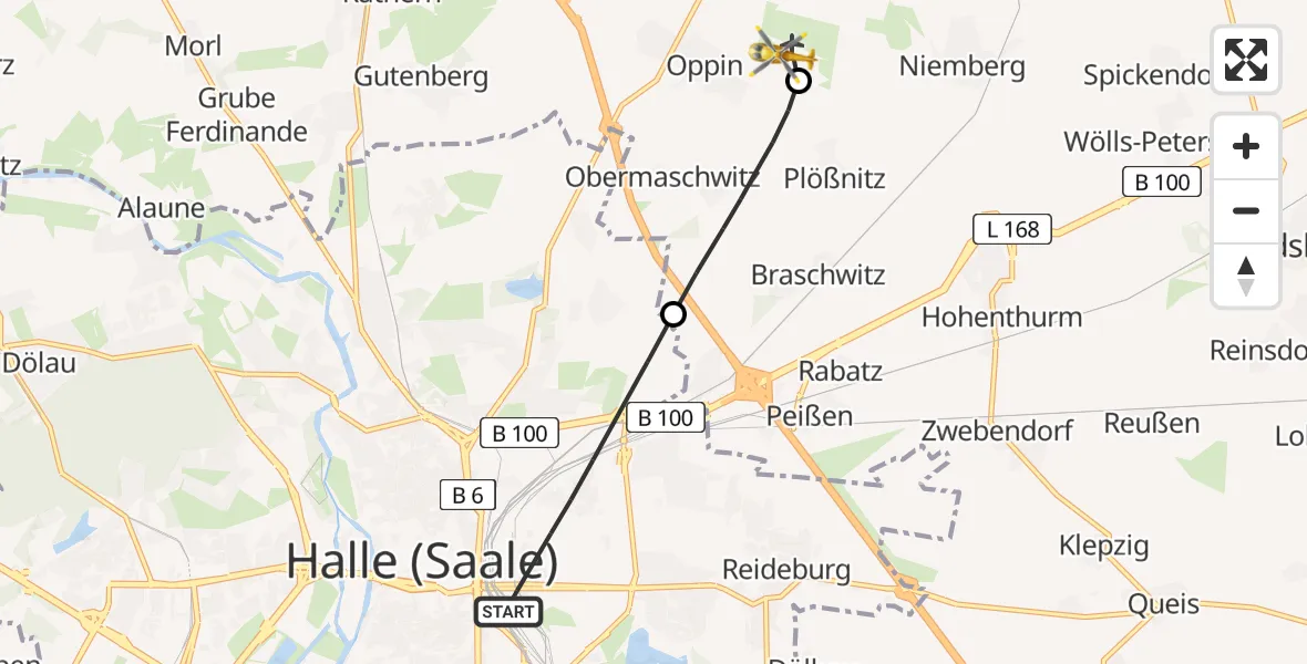 Flugroute Ambulanzhubschrauber Halle (Saale) - Halle-Oppin Flugplatz, 21 April 2026, 10:30