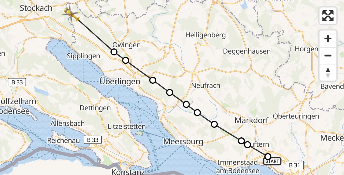 Flugroute Rettungshubschrauber Friedrichshafen Hospital - Überlingen, 21 April 2026, 10:35