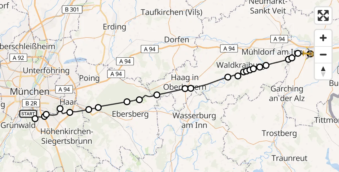 Flugroute Rettungshubschrauber Perlacher Forst - Altötting-Burghausen District Hospital Altötting, 21 April 2026, 10:47