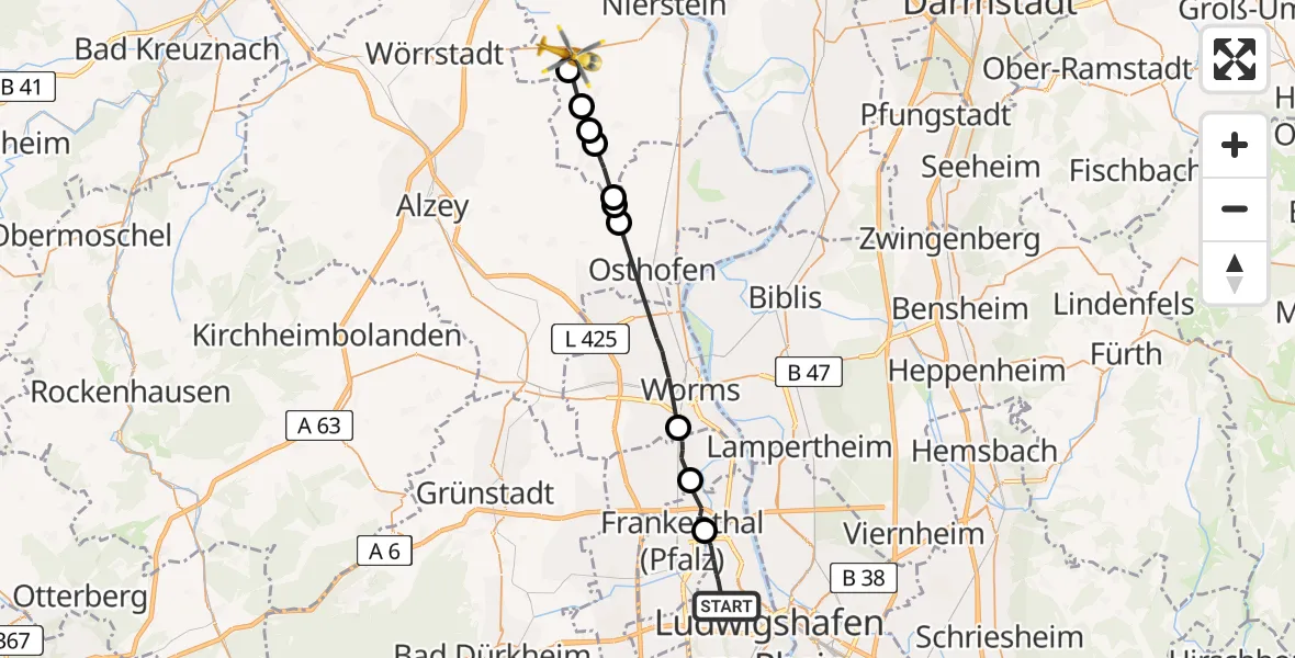 Flugroute Rettungshubschrauber Ludwigshafen am Rhein - Undenheim, 21 April 2026, 10:47