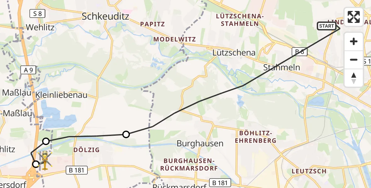 Flugroute Rettungshubschrauber Leipzig - ADAC Air Rescue Station Leipzig/Schkeuditz-Dölzig Hubschrauberlandeplatz (Christoph 61), 21 April 2026, 10:52