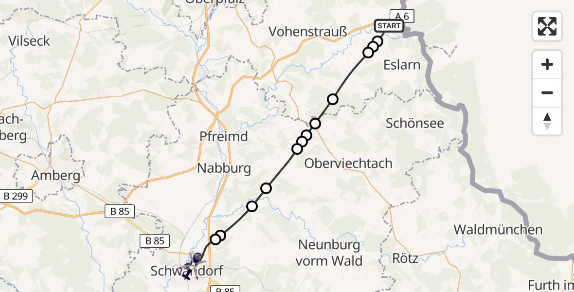 Flugroute Polizeihubschrauber Waidhaus - Schwandorf, 21 April 2026, 11:16