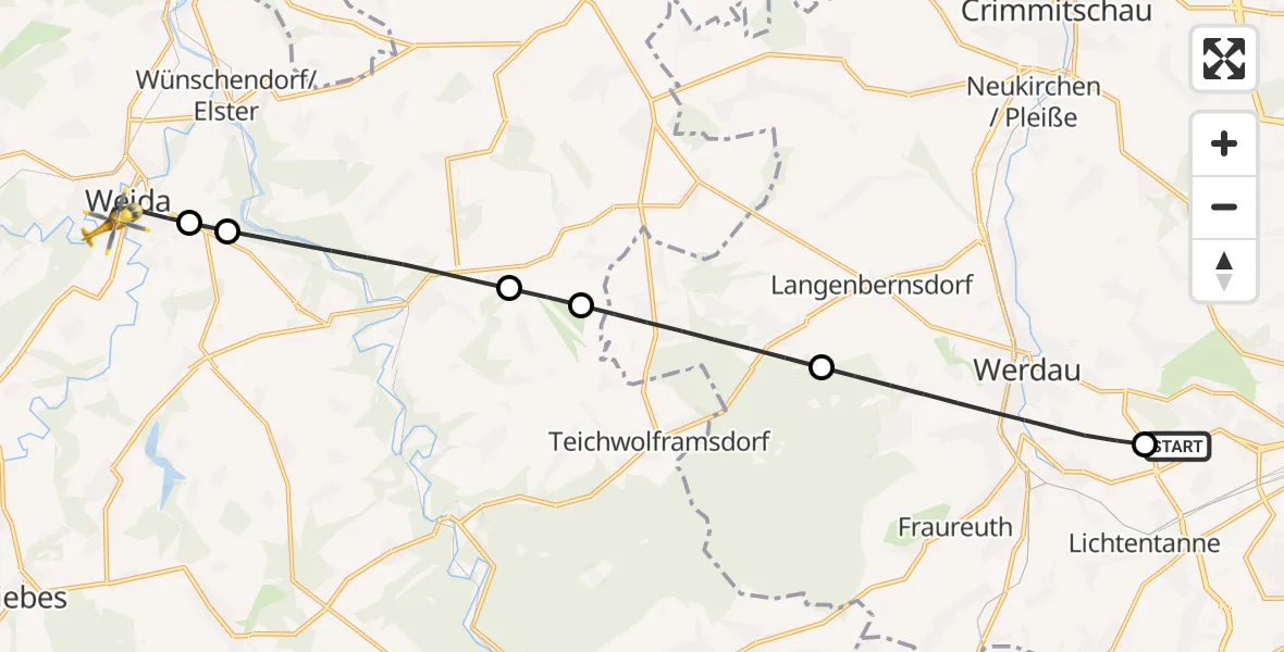 Flugroute Rettungshubschrauber ADAC Air Rescue Station Zwickau Hubschrauberlandeplatz - Weida, 21 April 2026, 11:16