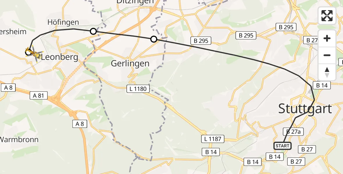 Flugroute Rettungshubschrauber Stuttgart - Leonberg Hospital, 21 April 2026, 11:22