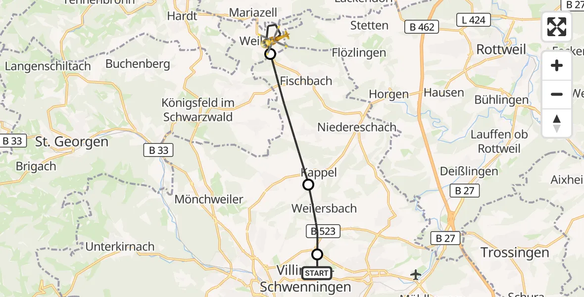 Flugroute Rettungshubschrauber DRF Air Rescue Station Villingen-Schwenningen Hubschrauberlandeplatz (Christoph 11) - Königsfeld im Schwarzwald, 21 April 2026, 11:22