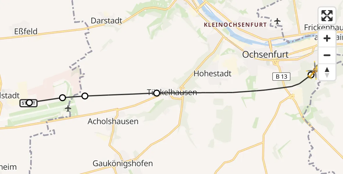 Flugroute Rettungshubschrauber Giebelstadt - Ochsenfurt Hospital, 21 April 2026, 11:26