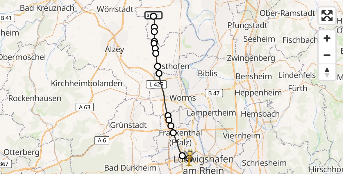 Flugroute Rettungshubschrauber Friesenheim - Ludwigshafen Accident Hospital, 21 April 2026, 11:29